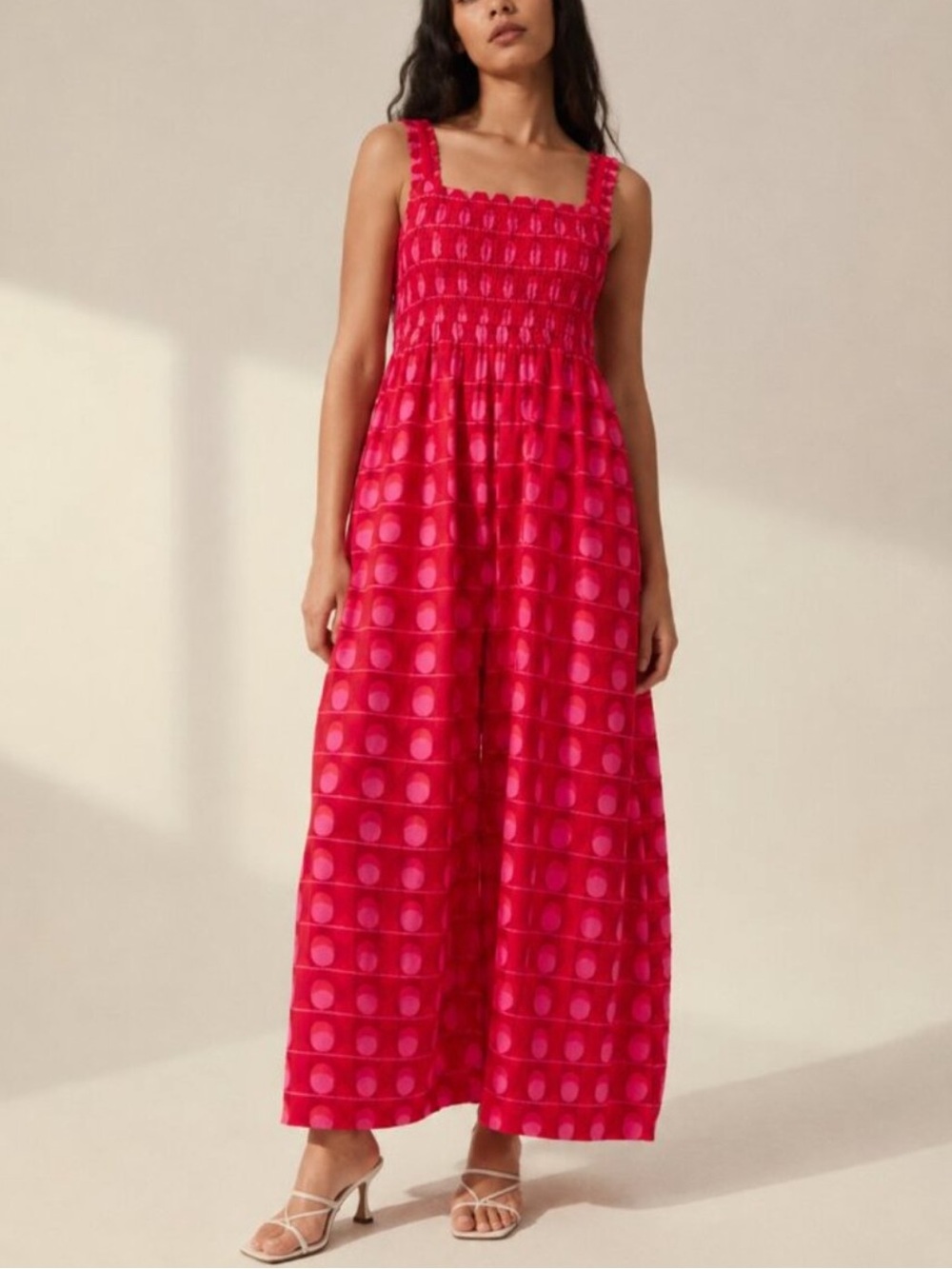 Zara Pink Smocked Square-Neck Geometric Poplin Maxi Dress